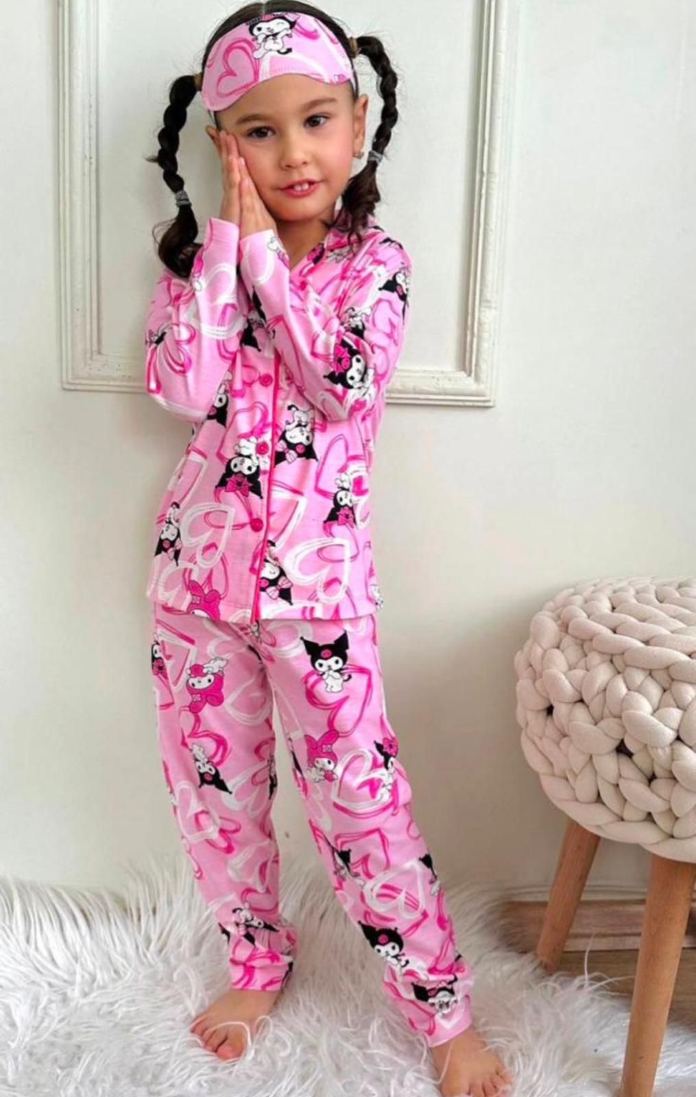 Kuromi Desen Önden Düğmeli Pjama Takımı Pembe
